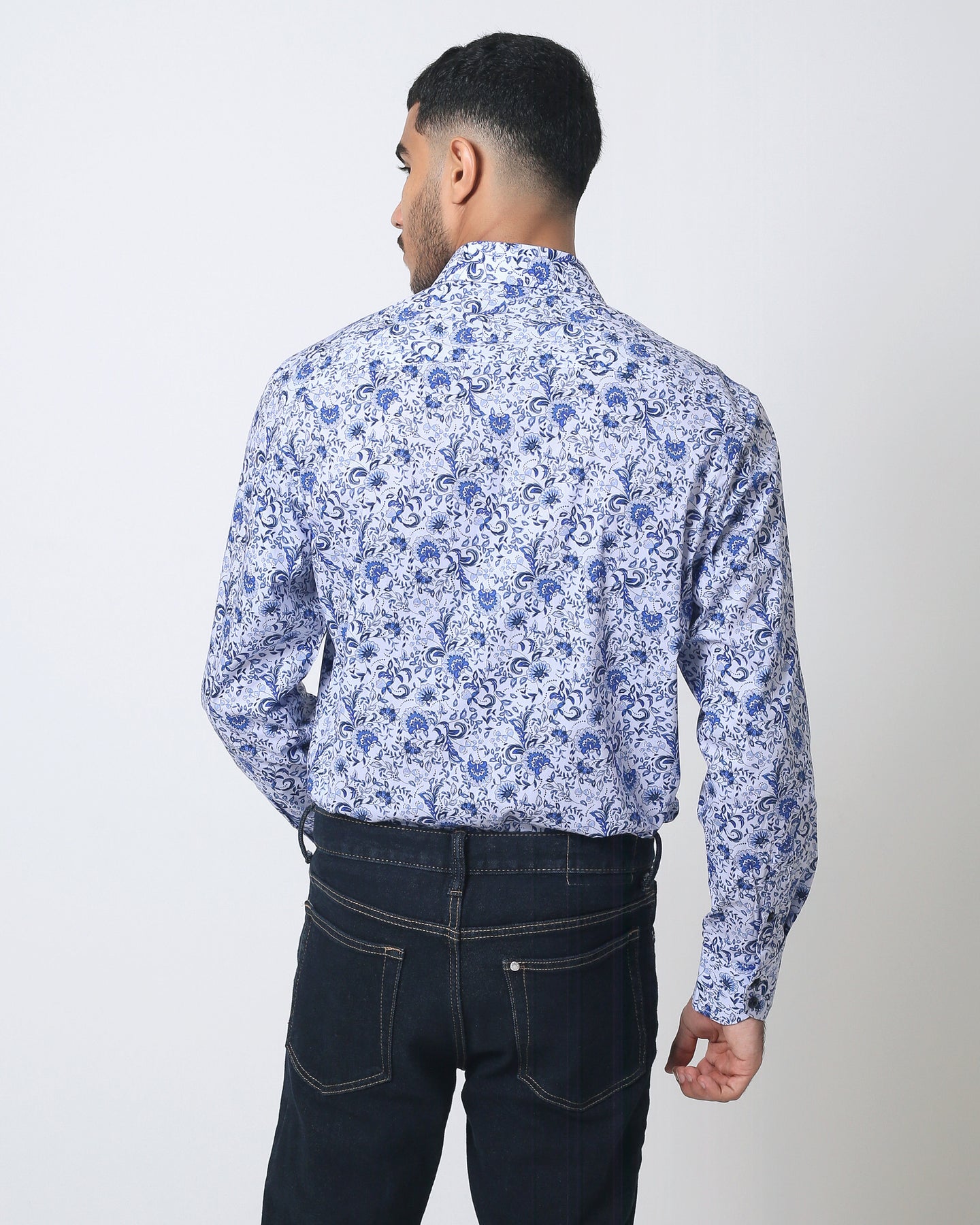 Quieti Performance Blue Floral Print, Long Sleeve Woven Shirt